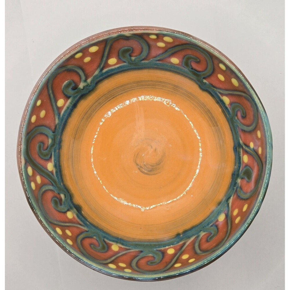 Earthworks Barbados Salad Bowl 6.5" Orange & Turquoise Stoneware Spiral Dot - Picture 2 of 13